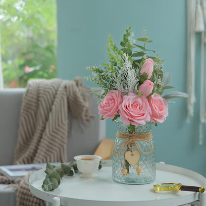 14.5" Artificial Silk Roses with Vase for Home Decoration (Pink)