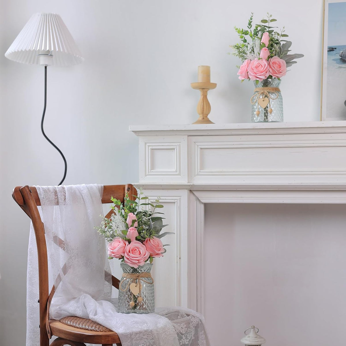 14.5" Artificial Silk Roses with Vase for Home Decoration (Pink)
