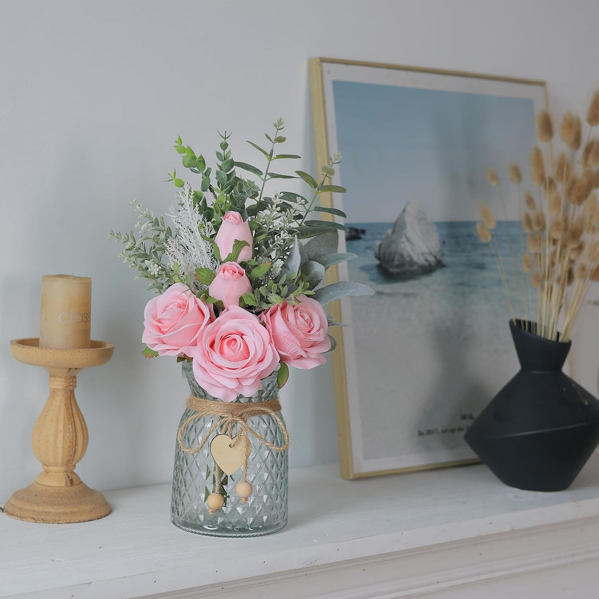 14.5" Artificial Silk Roses with Vase for Home Decoration (Pink)