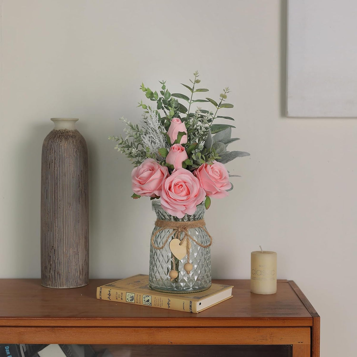 14.5" Artificial Silk Roses with Vase for Home Decoration (Pink)