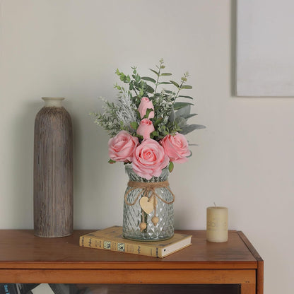 14.5" Artificial Silk Roses with Vase for Home Decoration (Pink)