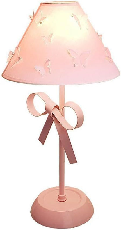 Pink Bow Desk Lamp for Girls Room Nordic Metal Table Lamp for Girl's Bedroom Décor Cute Coquette Table Light with Fabric Stitch Shade Modern Children Bedside Lamp Kids Reading Lighting (Pink)
