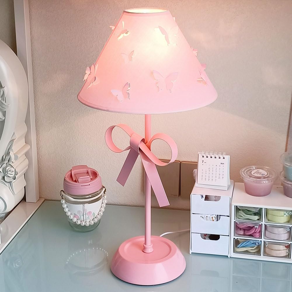Pink Bow Desk Lamp for Girls Room Nordic Metal Table Lamp for Girl's Bedroom Décor Cute Coquette Table Light with Fabric Stitch Shade Modern Children Bedside Lamp Kids Reading Lighting (Pink)