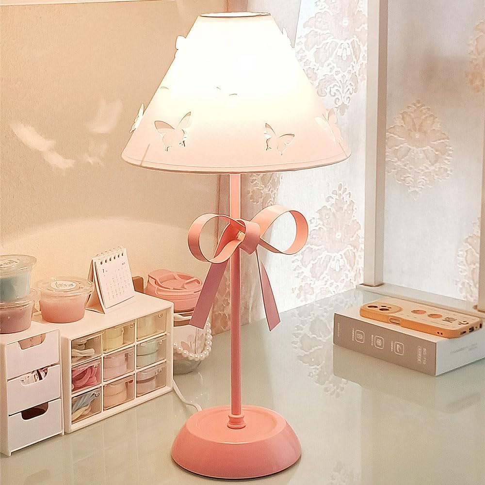 Pink Bow Desk Lamp for Girls Room Nordic Metal Table Lamp for Girl's Bedroom Décor Cute Coquette Table Light with Fabric Stitch Shade Modern Children Bedside Lamp Kids Reading Lighting (Pink)