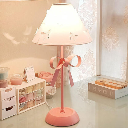 Pink Bow Desk Lamp for Girls Room Nordic Metal Table Lamp for Girl's Bedroom Décor Cute Coquette Table Light with Fabric Stitch Shade Modern Children Bedside Lamp Kids Reading Lighting (Pink)