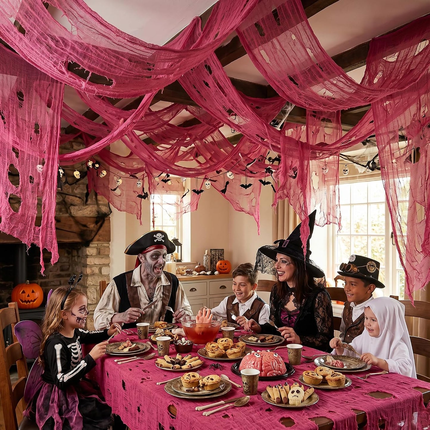 197"x71" Pink Halloween Scary Gauze, Spooky Cloth Party Decoration