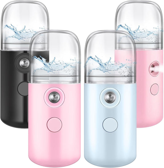 4 Pcs Nano Facial Mister Handy Nano Mist Sprayer 30ml Visual Water Tank Portable Face Steamer Mini USB Mister for Lash Extensions, Skin Care, Makeup(Black, Blue, Light Pink, Pink)