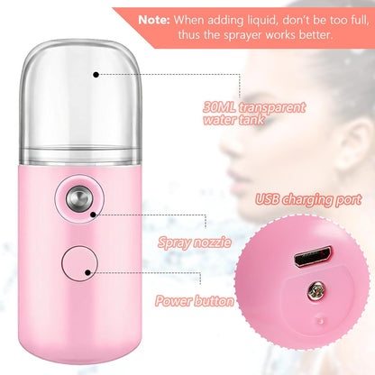 4 Pcs Nano Facial Mister Handy Nano Mist Sprayer 30ml Visual Water Tank Portable Face Steamer Mini USB Mister for Lash Extensions, Skin Care, Makeup(Black, Blue, Light Pink, Pink)