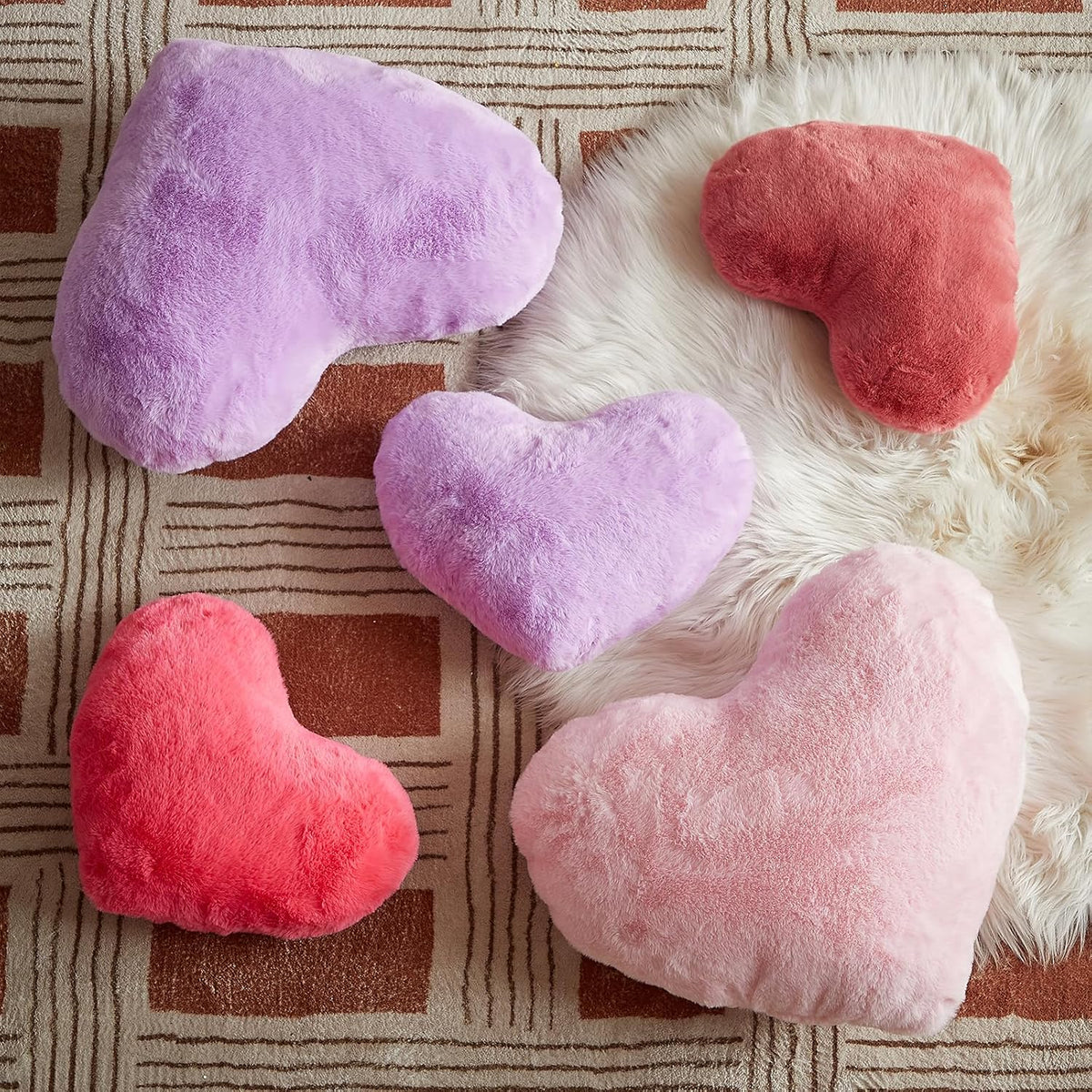 EastTree Heart Pillows, Pink Heart Shaped Pillows, Love Throw Pillows Gifts, Ultra Soft Faux Rabbit Fur Cute Pillows, Women Girls Kid Room Decor 10x13 Inch