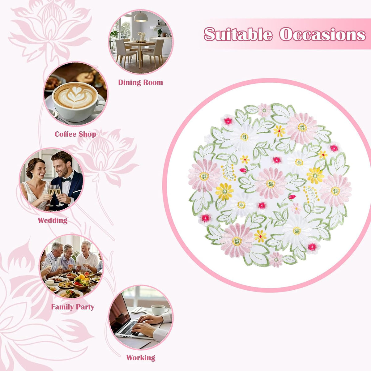 Spring Colorful Daisy Round Embroidered Placemats Set of 4