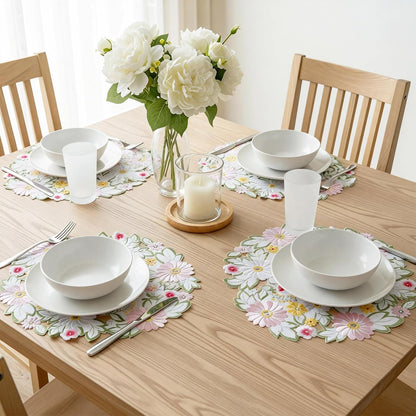 Spring Colorful Daisy Round Embroidered Placemats Set of 4
