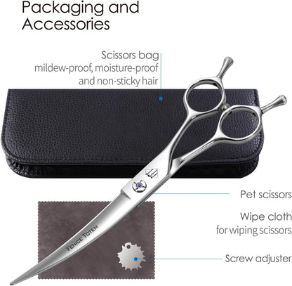 Fenice Professional Pet Grooming Scissors, High-End Dog Hair Cutting Shears with Ergonomic Handle, Super Hard Alloy Steel, CNC Precision Craftsmanship (Curved, 7.0")