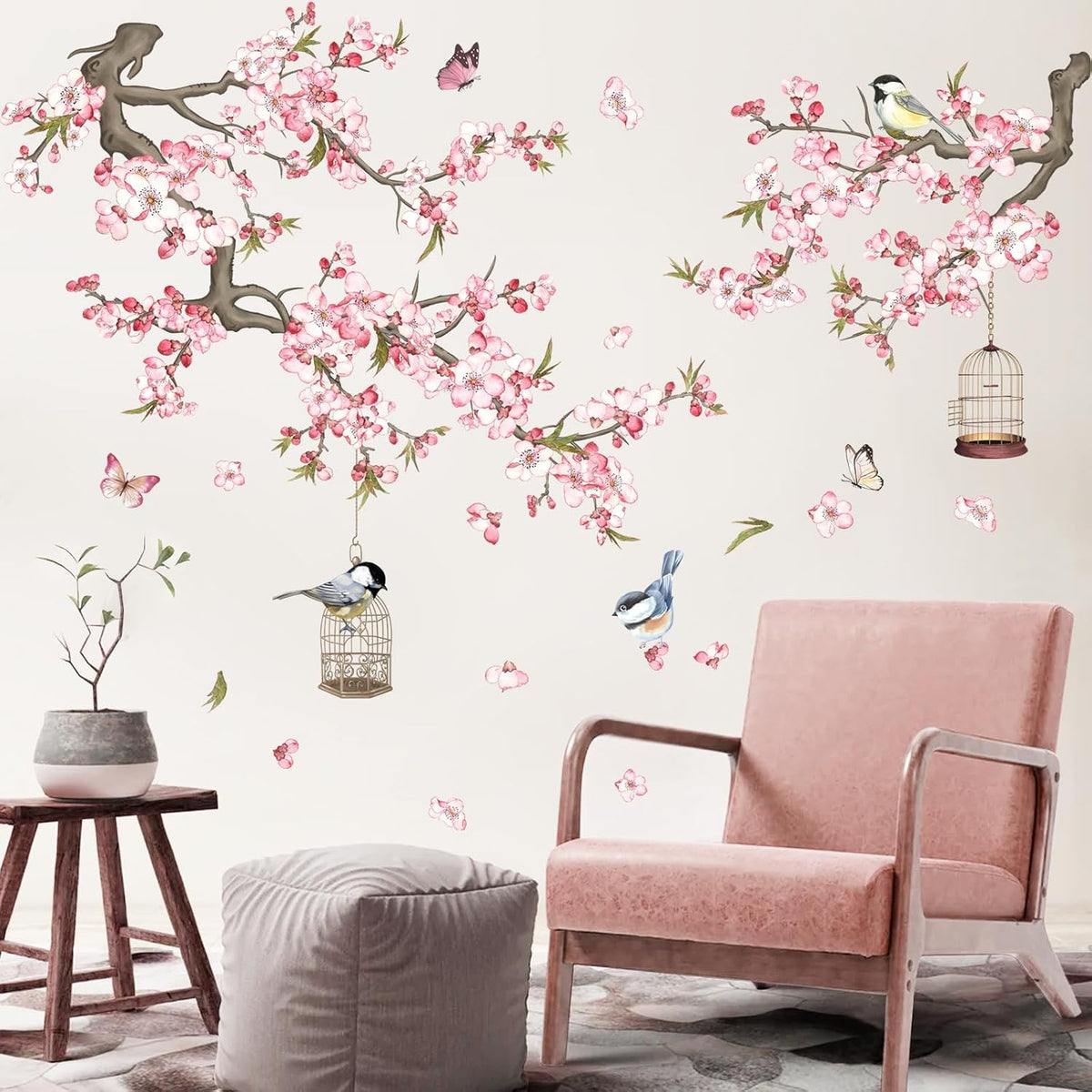 Cherry Blossom Wall Stickers Pink Flowers Tree Branch Peel and Stick Wall Art Decals for Baby Nursery Bedroom