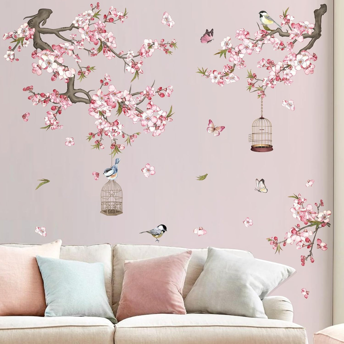 Cherry Blossom Wall Stickers Pink Flowers Tree Branch Peel and Stick Wall Art Decals for Baby Nursery Bedroom