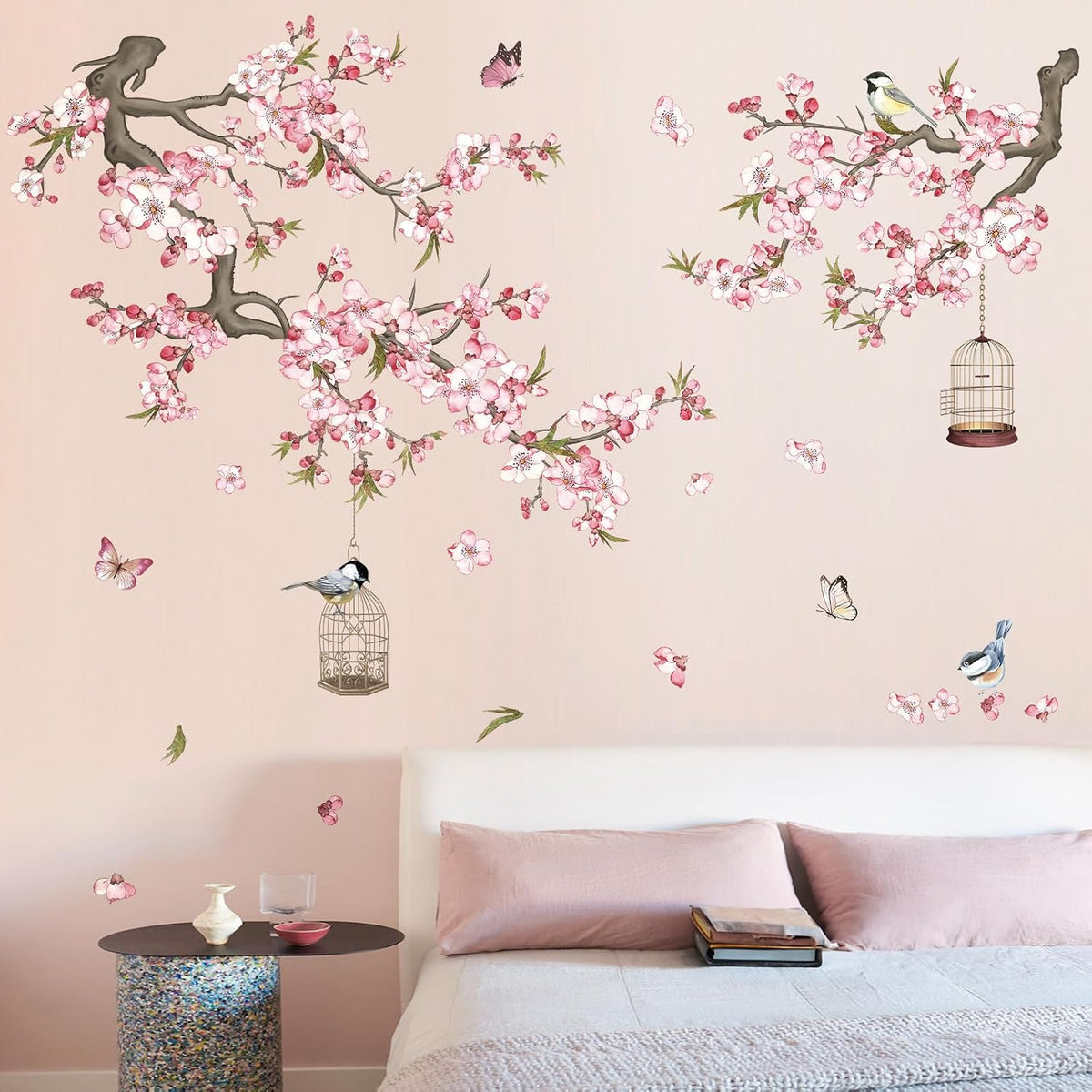 Cherry Blossom Wall Stickers Pink Flowers Tree Branch Peel and Stick Wall Art Decals for Baby Nursery Bedroom