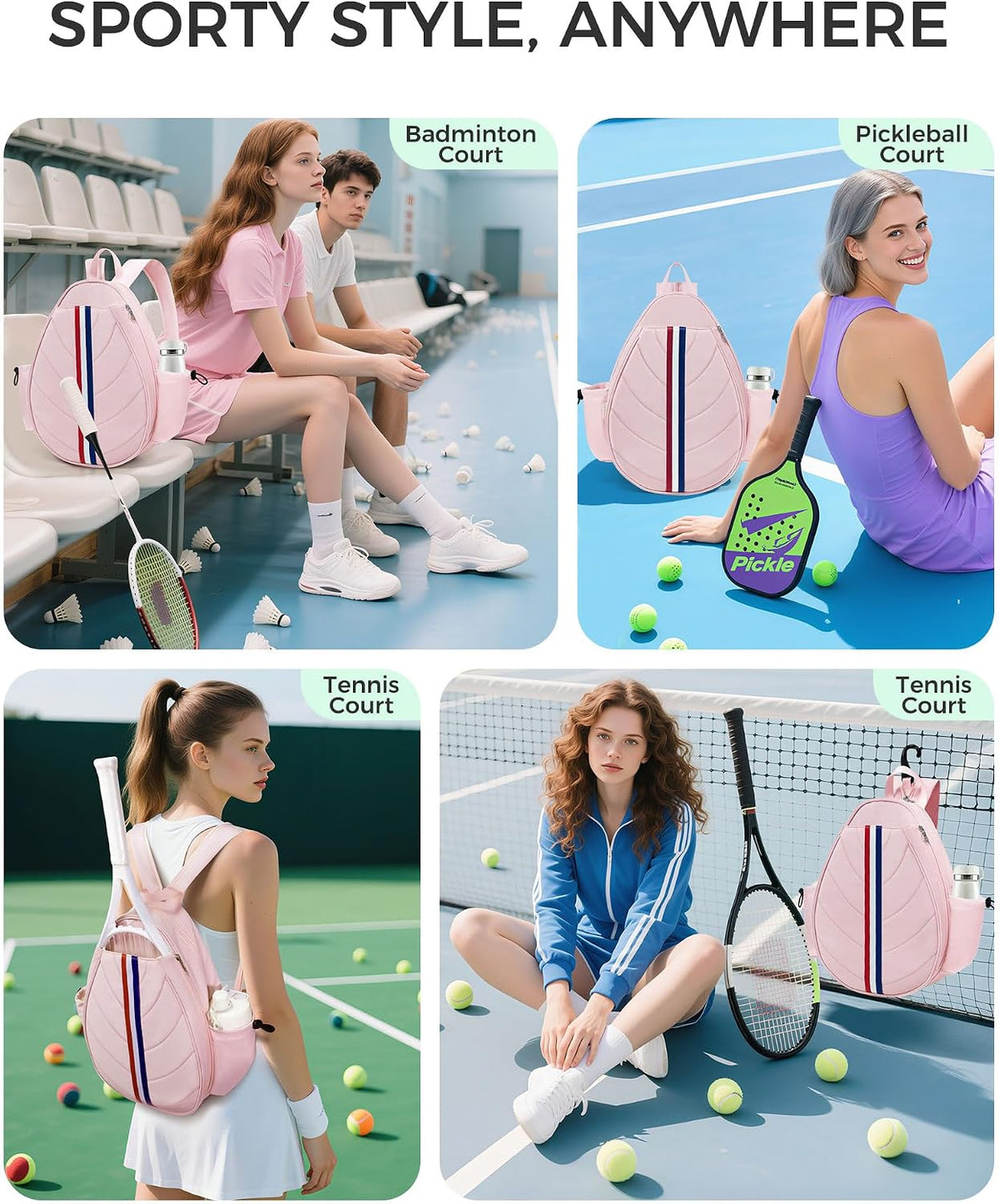 Tennis Bag, Water Resistant Tennis Backpack for Women Men, Quilted Crossbody Sling Design for Tennis, Pickleball, Badminton Rackets