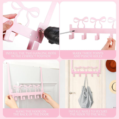 Pink Bow Over Door Towel Rack 5 Hooks