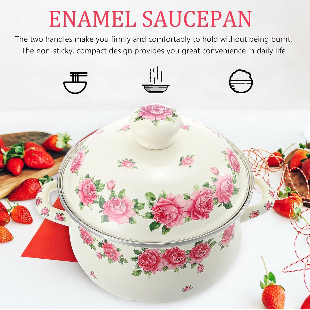 Old Fashioned Enamel Stock Pot with Double Handles, 20cm Pink
