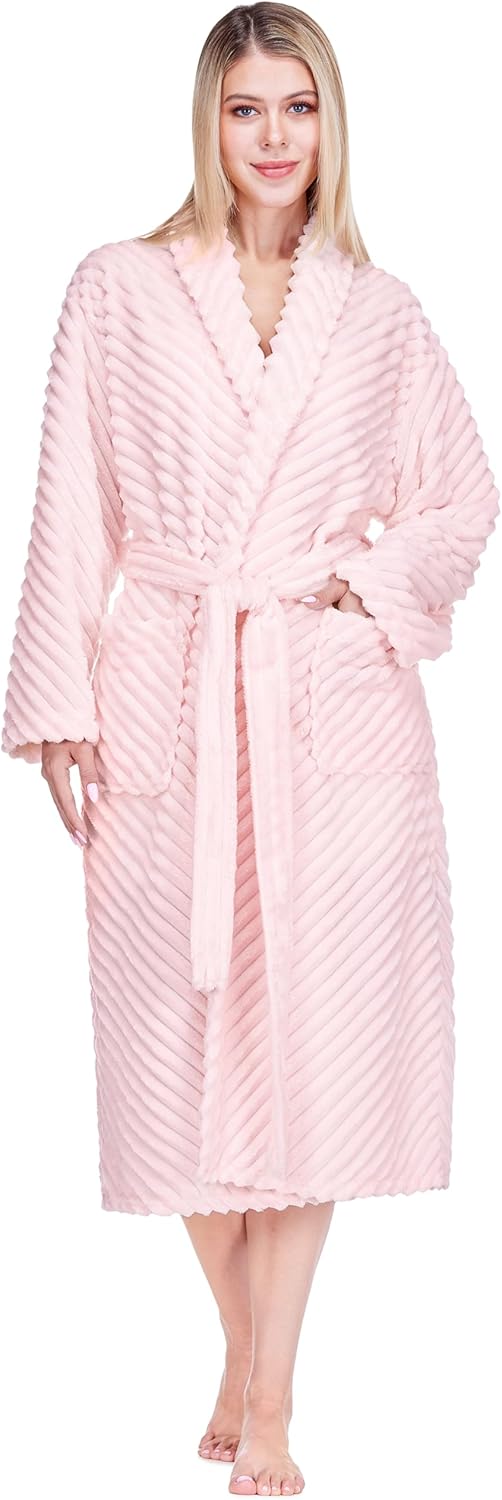 Womens Plush Fleece Robe, Super Soft Long Bathrobe with Pockets