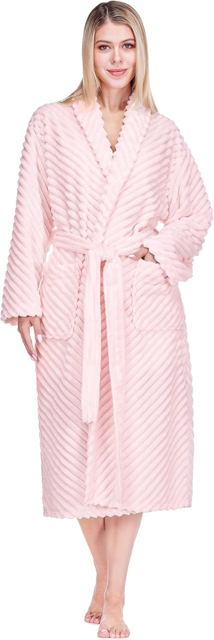 Womens Plush Fleece Robe, Super Soft Long Bathrobe with Pockets