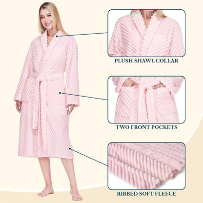 Womens Plush Fleece Robe, Super Soft Long Bathrobe with Pockets
