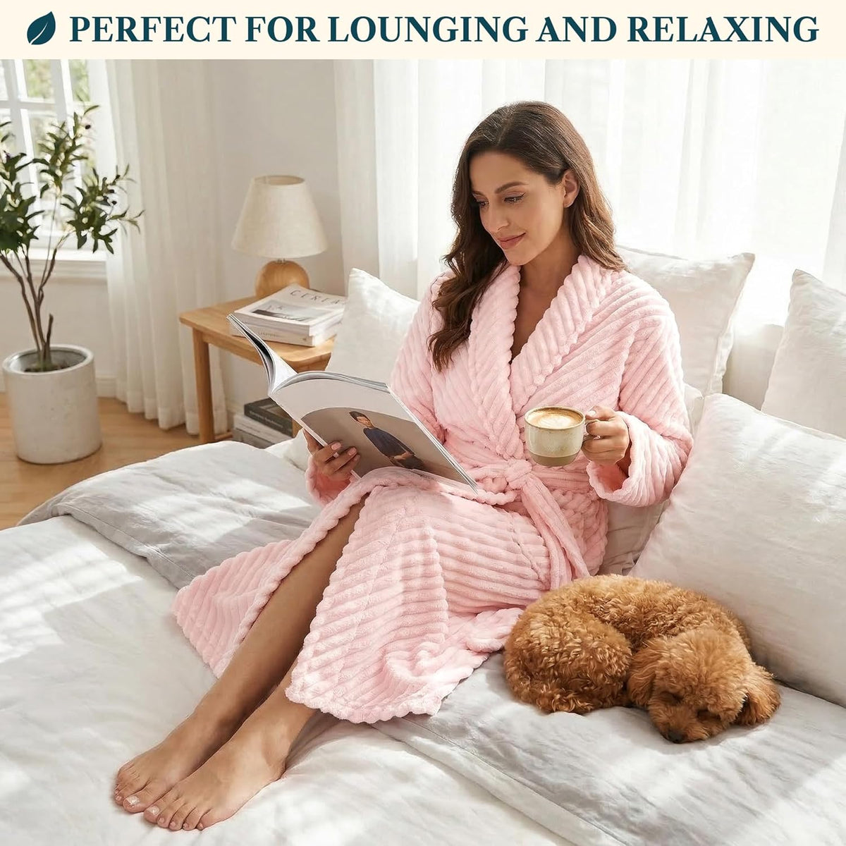 Womens Plush Fleece Robe, Super Soft Long Bathrobe with Pockets