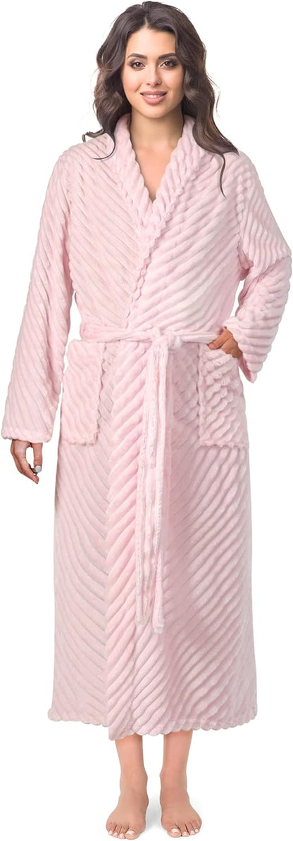 Womens Plush Fleece Robe, Super Soft Long Bathrobe with Pockets