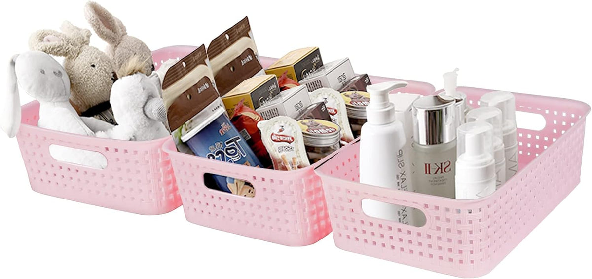 8 Pack Small Pantry Organization and Storage Bins - Household Organizers for Laundry Room, Bathrooms, Bedrooms, Kitchens, Cabinets, Countertops, Under Sink or On Shelves (Pink)