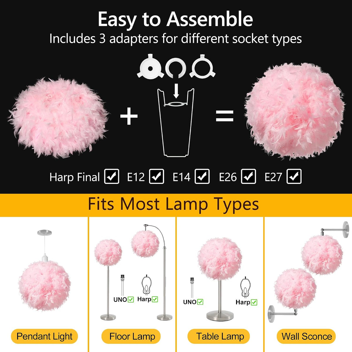 15.7 inches Feather Lamp Shade for Ceiling Pendant Light, Lampshade for Table Lamp and Floor Lamp for Living Room, Bedroom, Wedding or Party Decoration, Pink