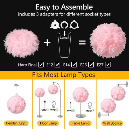 15.7 inches Feather Lamp Shade for Ceiling Pendant Light, Lampshade for Table Lamp and Floor Lamp for Living Room, Bedroom, Wedding or Party Decoration, Pink