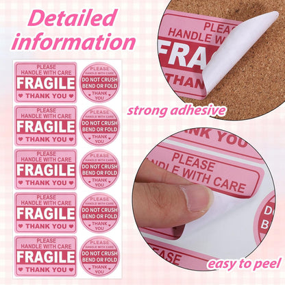 Fragile Sticker for Shipping Fragile Labels Do Not Trample or Fold Stickers Do Not Drop Labels Thank You Label for Shipping Moving Glass Permanent Adhesive 300 Pcs Pink Round