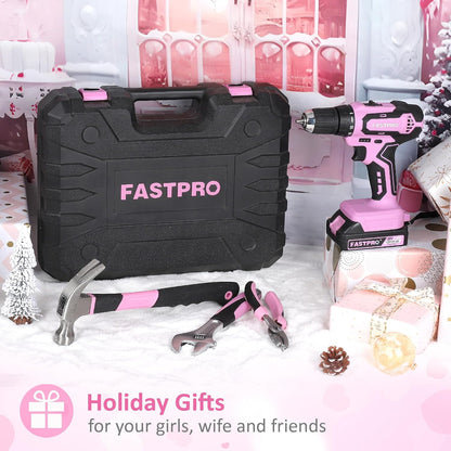 20V Pink Drill Set for Women, Home Tool Kit with Tool Box