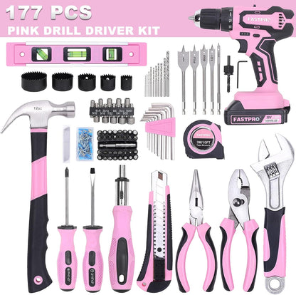 20V Pink Drill Set for Women, Home Tool Kit with Tool Box