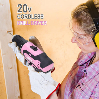 20V Pink Drill Set for Women, Home Tool Kit with Tool Box