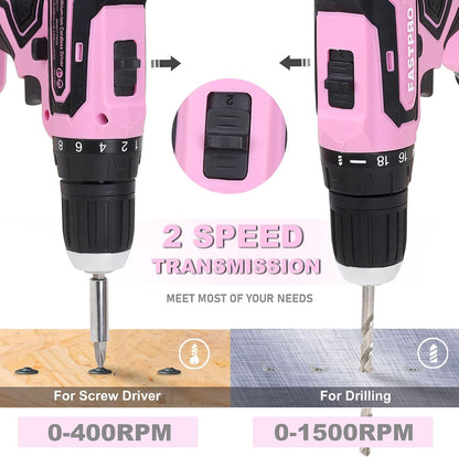 20V Pink Drill Set for Women, Home Tool Kit with Tool Box