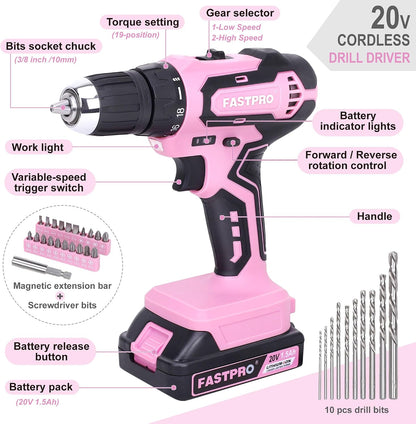 20V Pink Drill Set for Women, Home Tool Kit with Tool Box