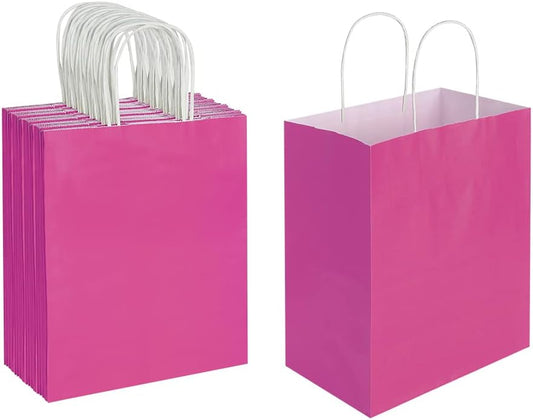 50 Pack 8x4.75x10 Inch Medium Hot Pink Kraft Paper Bags with Handles Bulk for Birthday Wedding Party Favors Grocery Retail Shopping Business Goody Craft Gift Bags Sacks (Fuchsia 50pcs Count)