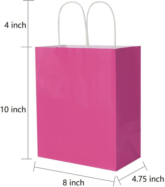50 Pack 8x4.75x10 Inch Medium Hot Pink Kraft Paper Bags with Handles Bulk for Birthday Wedding Party Favors Grocery Retail Shopping Business Goody Craft Gift Bags Sacks (Fuchsia 50pcs Count)