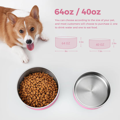 Dog Bowl, Stainless Steel Food and Water Bowl, 40oz, Pink | Non Slip Quiet Bottom, Easy to Clean, Dishwasher Safe