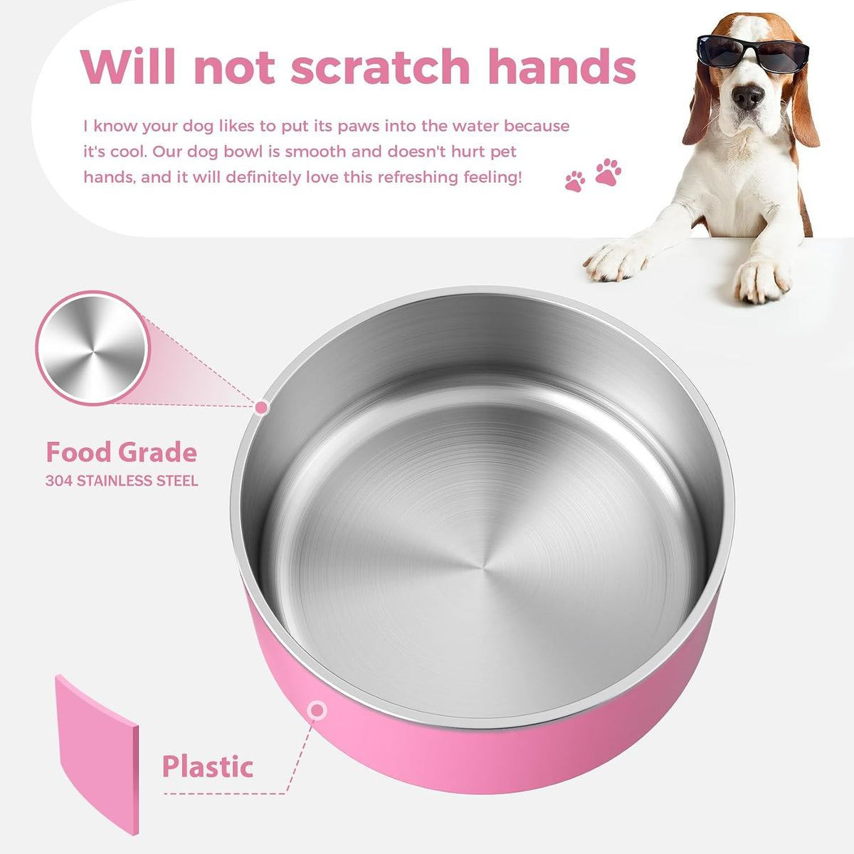 Dog Bowl, Stainless Steel Food and Water Bowl, 40oz, Pink | Non Slip Quiet Bottom, Easy to Clean, Dishwasher Safe