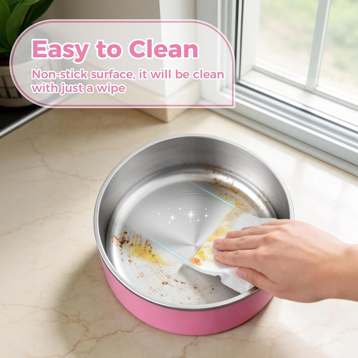 Dog Bowl, Stainless Steel Food and Water Bowl, 40oz, Pink | Non Slip Quiet Bottom, Easy to Clean, Dishwasher Safe