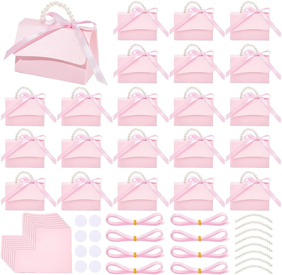 30 Set Wedding Favors Box DIY Set, Pink Kraft Paper Box with Pearl Handle, Ribbons, Stickers, Gift Boxes for Birthday, Boutique, Wedding and Anniversary, 3.54x2.36x2.16inch