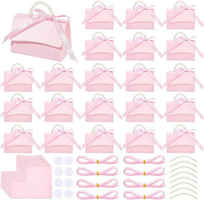 30 Set Wedding Favors Box DIY Set, Pink Kraft Paper Box with Pearl Handle, Ribbons, Stickers, Gift Boxes for Birthday, Boutique, Wedding and Anniversary, 3.54x2.36x2.16inch