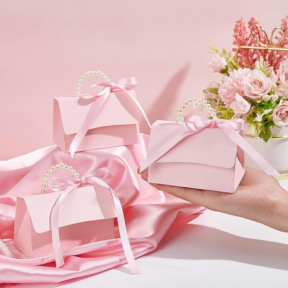 30 Set Wedding Favors Box DIY Set, Pink Kraft Paper Box with Pearl Handle, Ribbons, Stickers, Gift Boxes for Birthday, Boutique, Wedding and Anniversary, 3.54x2.36x2.16inch