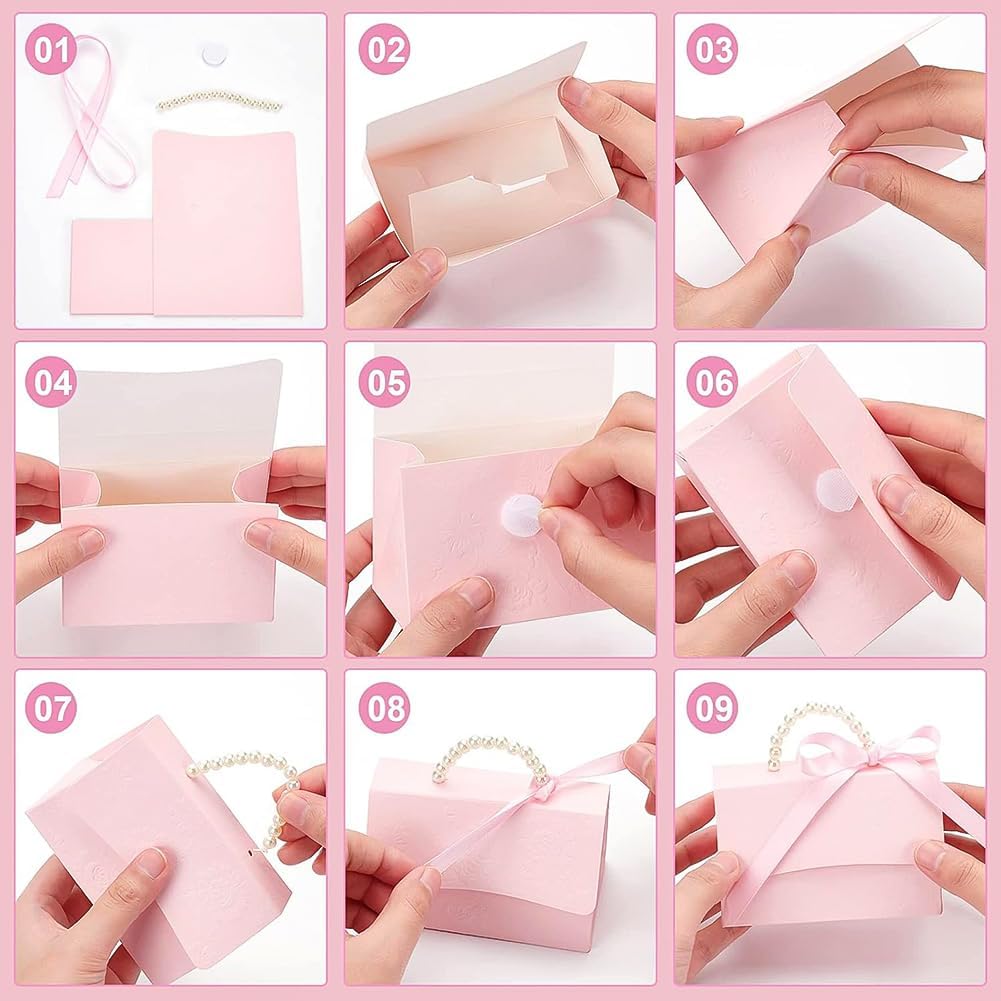 30 Set Wedding Favors Box DIY Set, Pink Kraft Paper Box with Pearl Handle, Ribbons, Stickers, Gift Boxes for Birthday, Boutique, Wedding and Anniversary, 3.54x2.36x2.16inch
