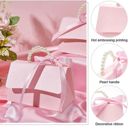 30 Set Wedding Favors Box DIY Set, Pink Kraft Paper Box with Pearl Handle, Ribbons, Stickers, Gift Boxes for Birthday, Boutique, Wedding and Anniversary, 3.54x2.36x2.16inch