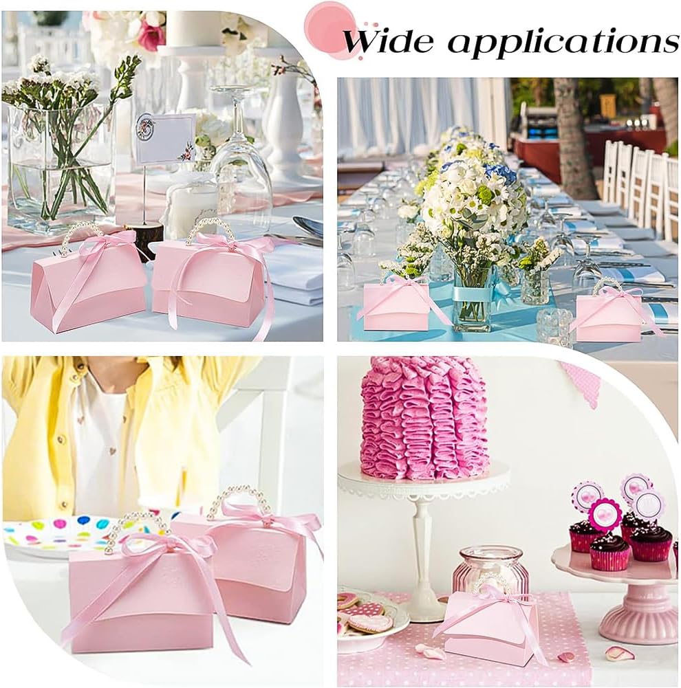 30 Set Wedding Favors Box DIY Set, Pink Kraft Paper Box with Pearl Handle, Ribbons, Stickers, Gift Boxes for Birthday, Boutique, Wedding and Anniversary, 3.54x2.36x2.16inch