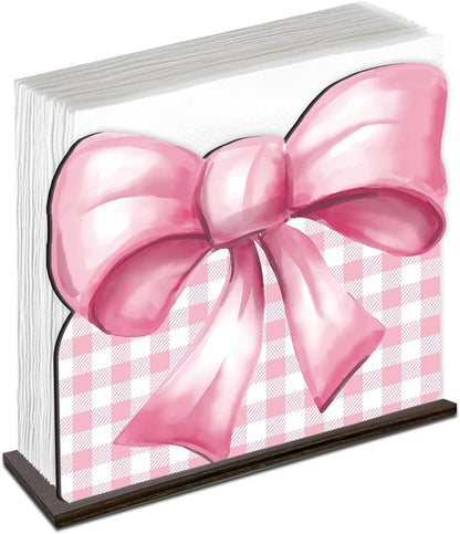 Pink Wooden Napkin Holder, Pink Bow Ribbon Gingham Checkered Tissue Dispenser, Rustic Bows Party Decor for Table Kitchen Dining Room Home