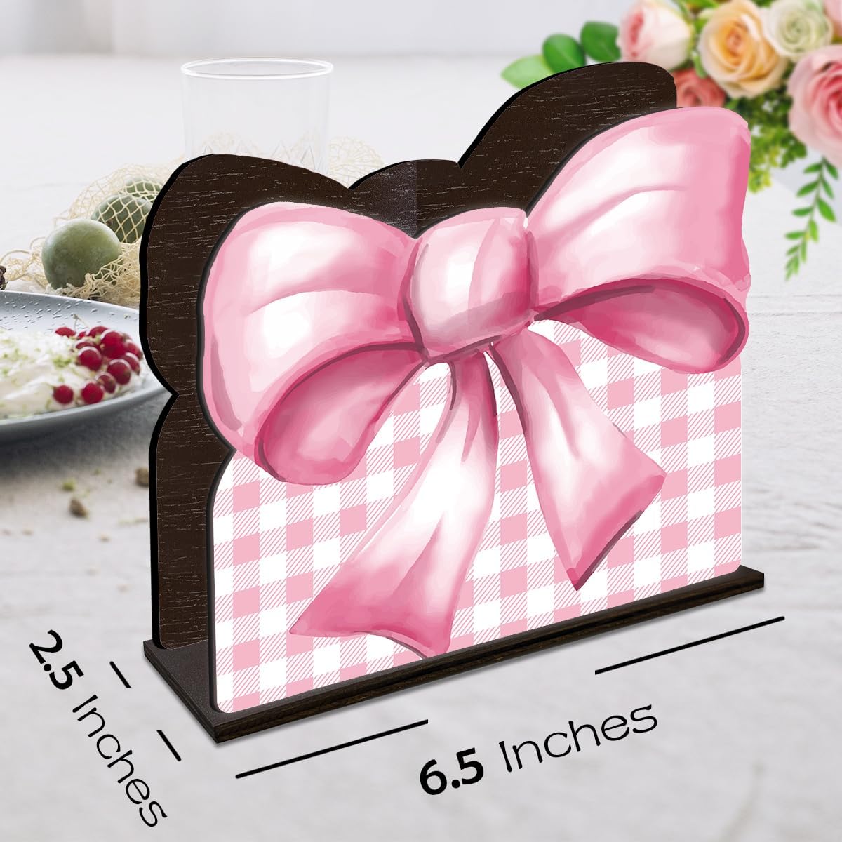 Pink Wooden Napkin Holder, Pink Bow Ribbon Gingham Checkered Tissue Dispenser, Rustic Bows Party Decor for Table Kitchen Dining Room Home
