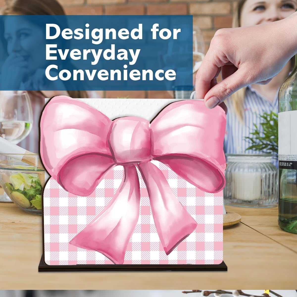 Pink Wooden Napkin Holder, Pink Bow Ribbon Gingham Checkered Tissue Dispenser, Rustic Bows Party Decor for Table Kitchen Dining Room Home